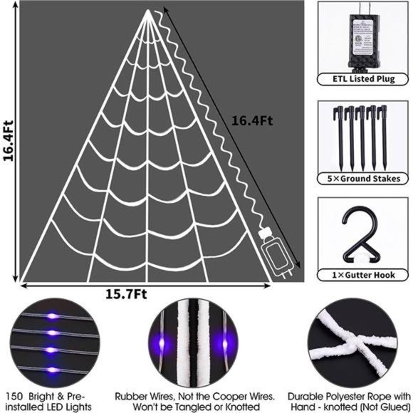 150 LED Lighted Spider Web16.4Ft Halloween Decor Light up with 8 Lighting Modes - Picture 5 of 6